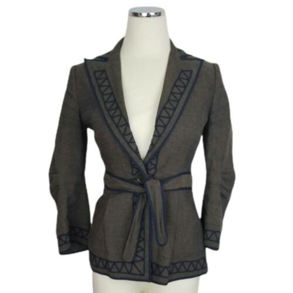 BCBG MAXAZRIA Embroidered Linen Blazer Jacket XS Brown Navy Tie Waist Academic